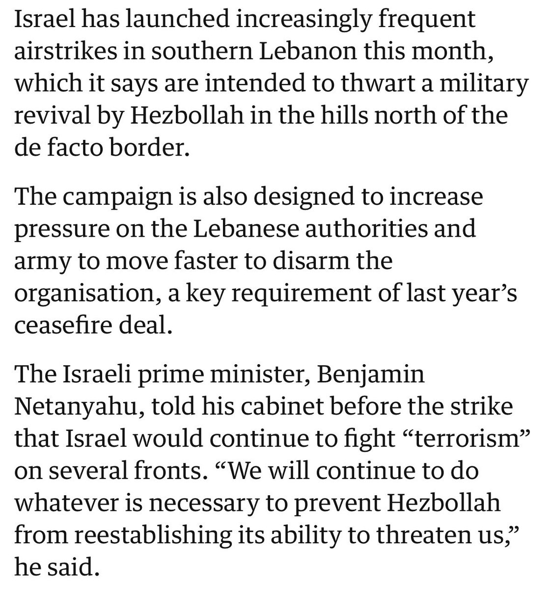 This is a Guardian article about Israel’s latest strikes on Beirut. 

But it might as well be an Israeli military press release.