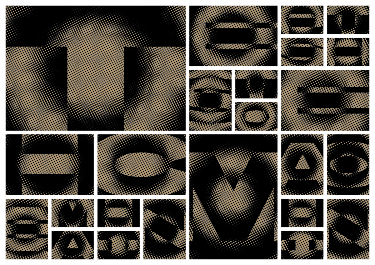 joki_hirooka's tweet image. BBH Sans Bartleをクリッピングパスにしてハーフトーン反転。矩形再起分割したセルにpaddingとgapを設定して展開。
#dailycoding #p5js #pavejs