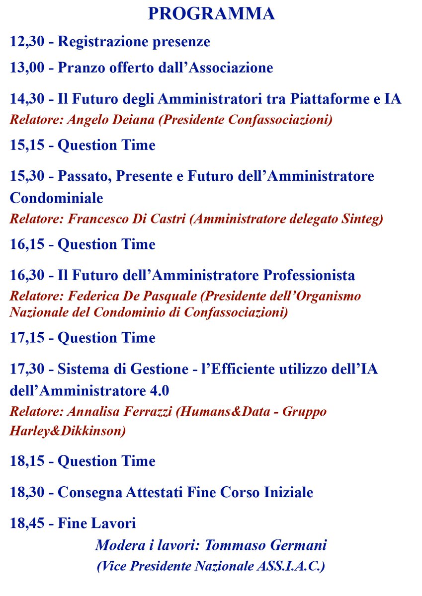 AngeloDeianaTW's tweet photo. La nuova #tappa del #grandtour? Eccola: il #27novembre, #grazie alla #Presidente Cinque, saremo all'#evento ASSIAC sul #futuro dell'#amministrazionecondominiale con tanti #amici. Iniziativa top...
#Confassociazioni #laretedellereti #professionisti #condominio https://t.co/h3I7IGL1uc
