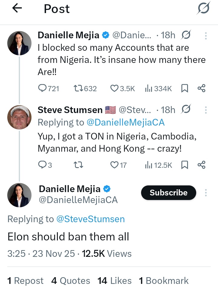 rachaelbereba1's tweet image. Everybody come out oo, she said Elon should ban Nigerians. 

The comment section stinks.
