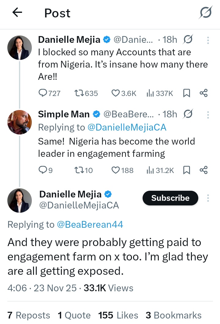 rachaelbereba1's tweet image. Everybody come out oo, she said Elon should ban Nigerians. 

The comment section stinks.