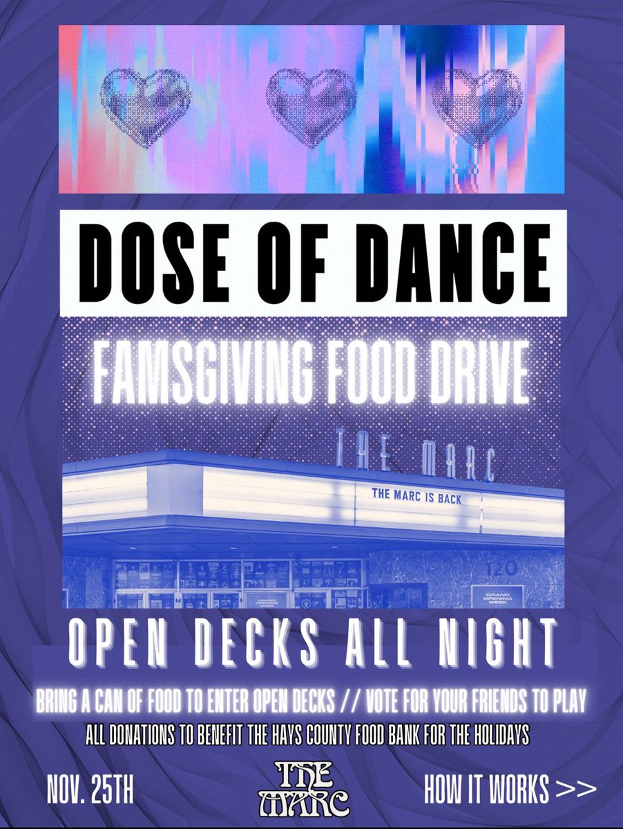 We’re hosting our first Famsgiving Food Drive! Bring a non-perishable food item to enter open decks + nominate yourself or a friend to play 💿
more food donated = more entries 
DJs pulled every 20 mins from 10pm–2am
ALL donations benefit the Hays County Food Bank. See you there!