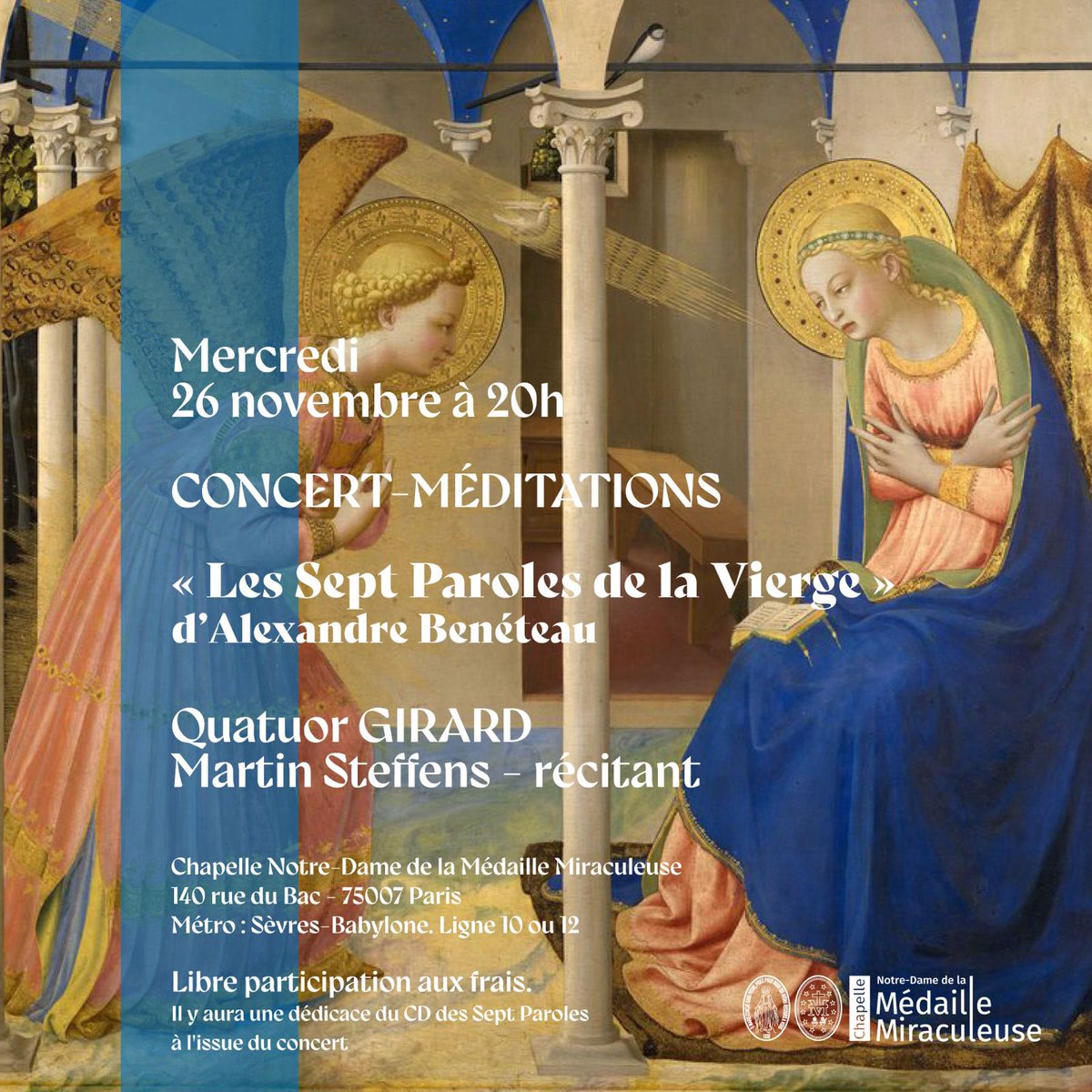 Concert mercredi 26 novembre à 20h : les « Sept paroles de la Vierge » par le quatuor Girard et Martin Steffens