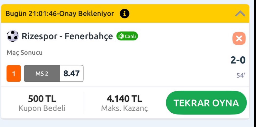 UgurUSEN1's tweet photo. Fenerbahçe 2-0 gerideyken nesine, iddaa, bilyoner hiçbiri oynanan bahisleri onaylamadı. Fenerbahçe 2-2 yaptıktan sonra bahisler açıldı. Soruşturma için tam olarak neyi bekliyorsunuz? @TFF_Org https://t.co/rKVKoa5PWR