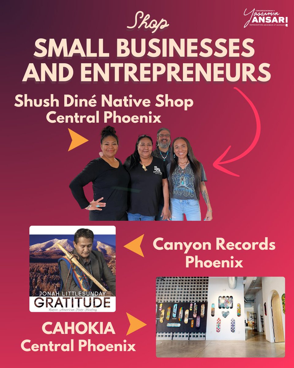 RepYassAnsari's tweet image. In honor of #NativeAmericanHeritageMonth, here are some incredible Native and Indigenous-owned businesses to visit in AZ-03. 

Swipe to discover new places to eat, shop, and learn–and to support our community.

Drop your favorites (and any we missed!) in the comments.