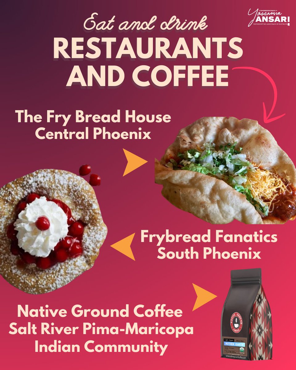 RepYassAnsari's tweet image. In honor of #NativeAmericanHeritageMonth, here are some incredible Native and Indigenous-owned businesses to visit in AZ-03. 

Swipe to discover new places to eat, shop, and learn–and to support our community.

Drop your favorites (and any we missed!) in the comments.
