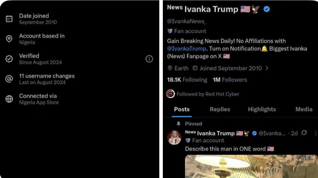 SpencerHakimian's tweet image. 🚨BREAKING: An Ivanka Trump MAGA account with 1 MILLION followers has just been EXPOSED as a NIGERIAN SCAM.