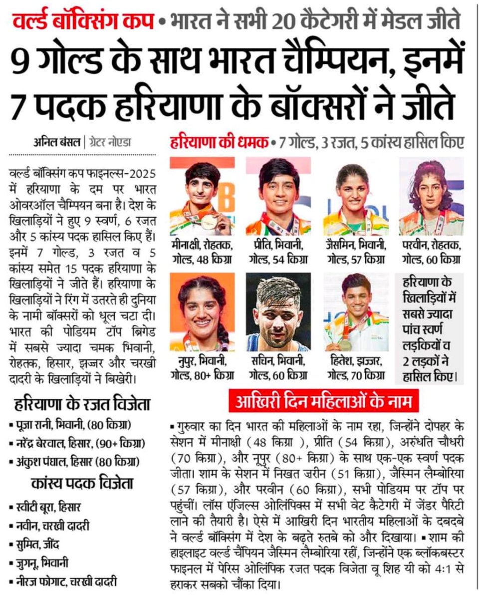 वर्ल्ड बॉक्सिंग में भारत के 20 मेडल

20 में से 16 आर्यन 卐 जाट पुत्र पुत्रीयों के 

9 गोल्ड जीते हैं  8 जाटों के
6 सिल्वर जीते हैं  3 जाटों के 
5 ब्रॉन्ज जीते हैं और पांचों जाटों के

नस्ल ही असल है।
DNA बोलता नहीं दहाड़ता है।
#JAT 🔱 #जाट Steepe Aryan DNA