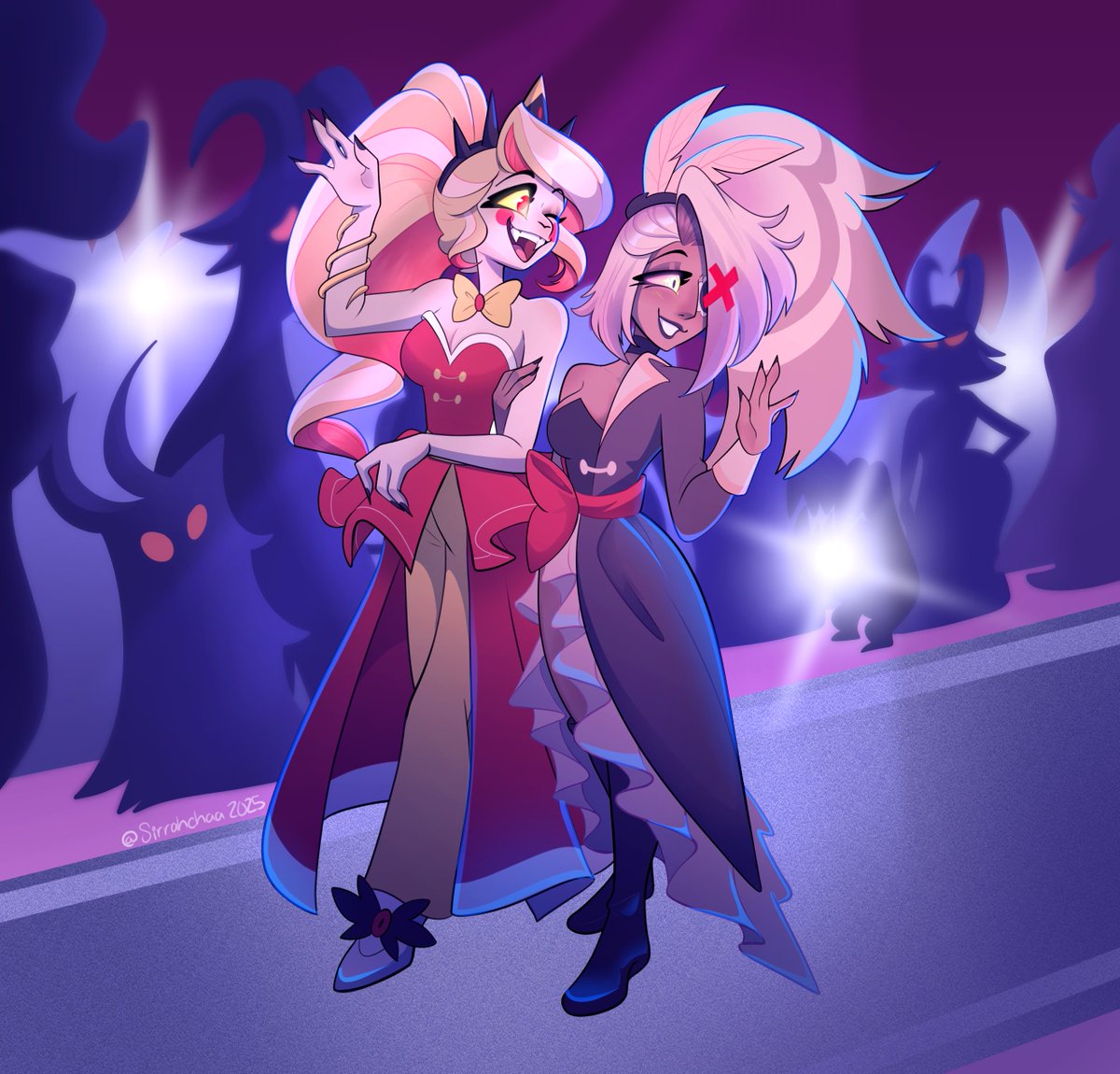 "BREAKING NEWS: Princess Charlie Morningstar arrives to Vox's Anti-Heaven Soiree with an angel on her arm! Is this her statement against Vox's movement? Does the princess want us all to fuck angels?!" 🌈🎀

#HazbinHotel #Chaggie #Chaggi