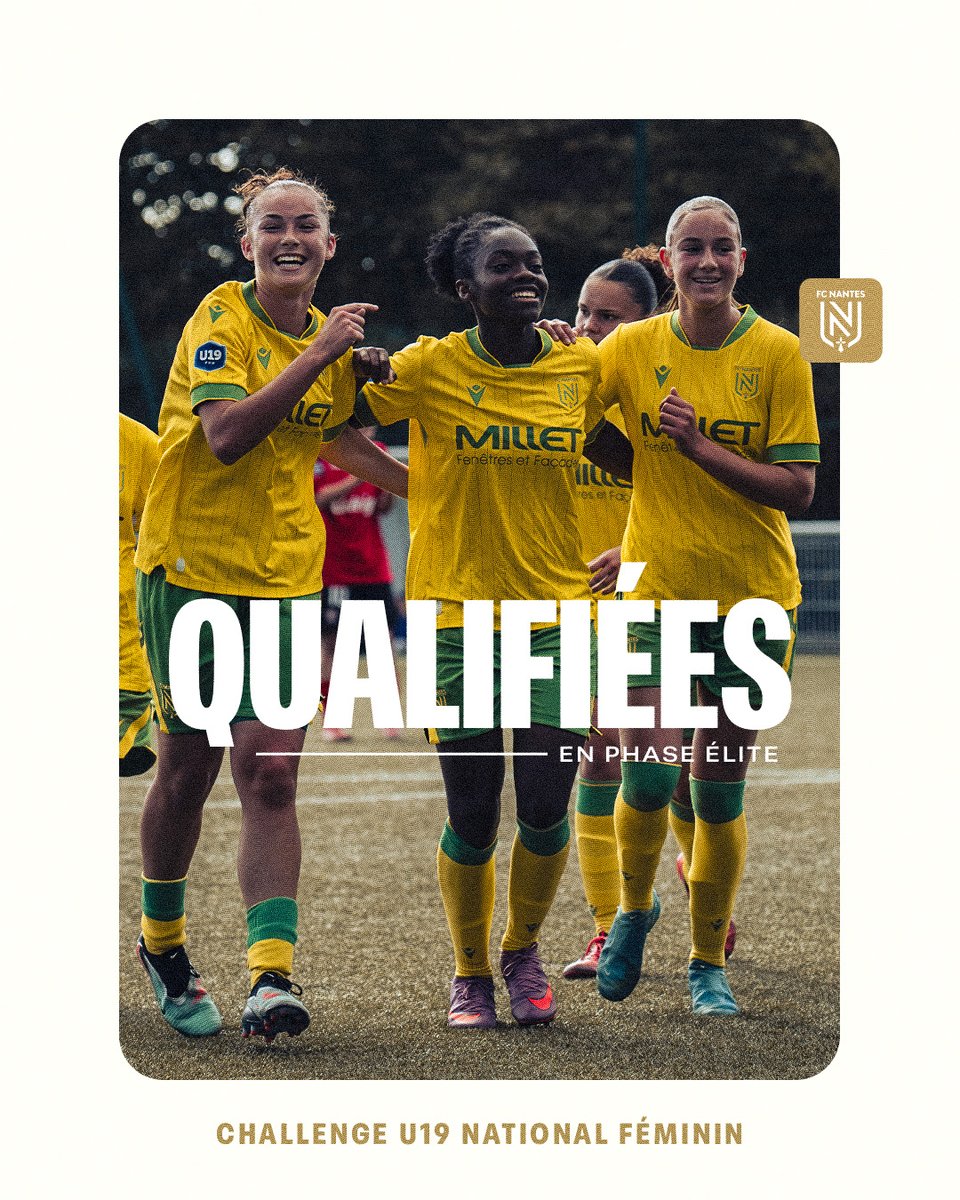 ✨𝗟𝗲𝘀 𝗨𝟭𝟵𝗙 𝗲𝗻 𝗽𝗵𝗮𝘀𝗲 𝗘́𝗟𝗜𝗧𝗘 !!!✨

Mission accomplie pour nos jeunes Nantaises 💛💚

En s’imposant 5–1 ce dimanche face à La Roche ESO, les U19 Féminines décrochent leur qualification pour la phase Élite du Challenge U19 National ! 🔝🔥

#OnEstNantes