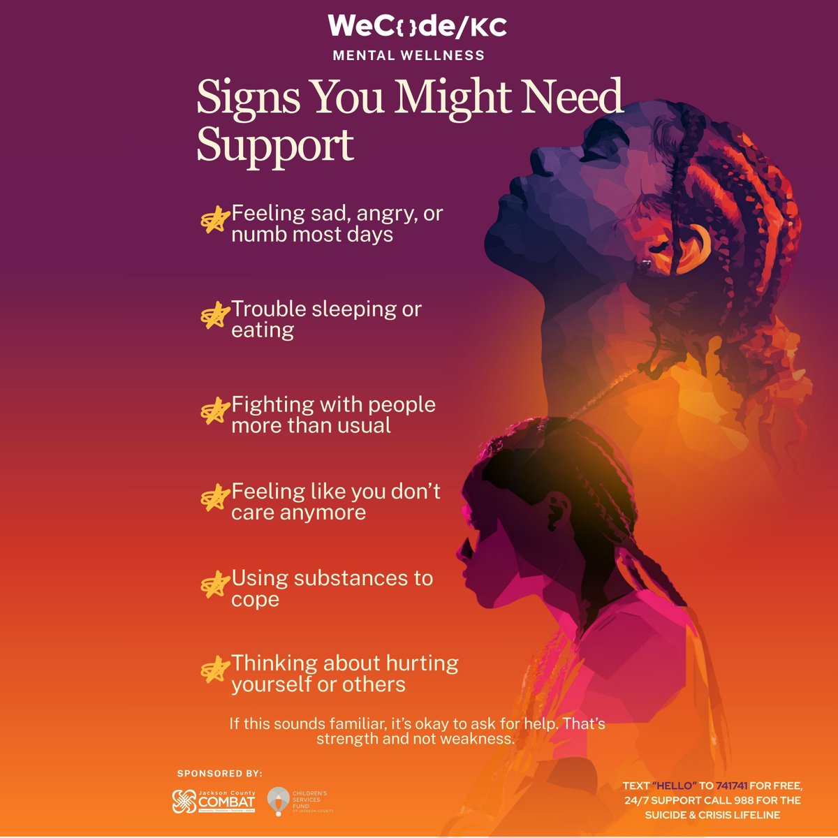 wecodekc's tweet image. 5 Signs You Might Need Support 💚

At WeCode KC, we care about the WHOLE you - mind, body, and spirit. It&apos;s okay to not be okay, and asking for help is a sign of strength.

Remember: You&apos;re not alone. Reaching out is the first step. 💜
wecodekc.org