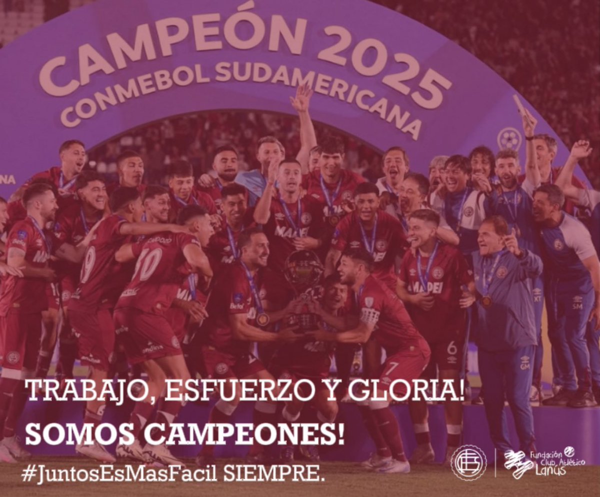 ORGULLO GRANATE.
Trabajo, pasión y unión: así se escribe la gloria 💪🏼
Somos campeones.
Porque cuando estamos juntos, Lanús siempre llega más lejos♥️🇱🇻
#JuntosEsMásFácil #OrgulloGranate