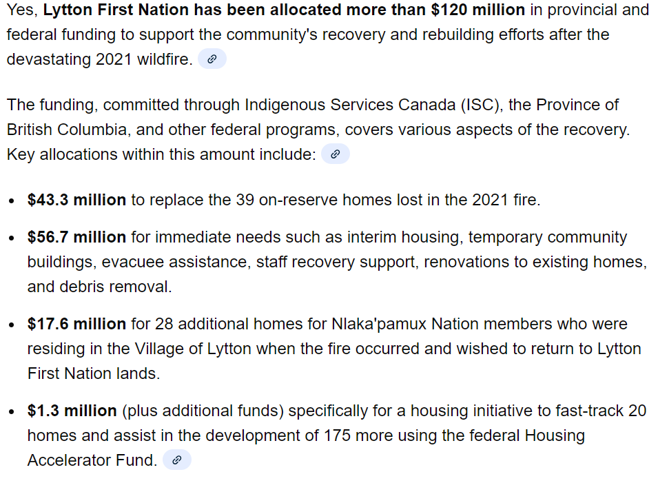 <a href="/ryangerritsen/">Ryan Gerritsen🇨🇦🇳🇱</a> Many of the fires are also reported to actually be caused by corporations. Lytton BC was also burned to a crisp and Feds turned down locals trying to rebuild.

HOWEVER Lytton First Nations was provided 120 million.