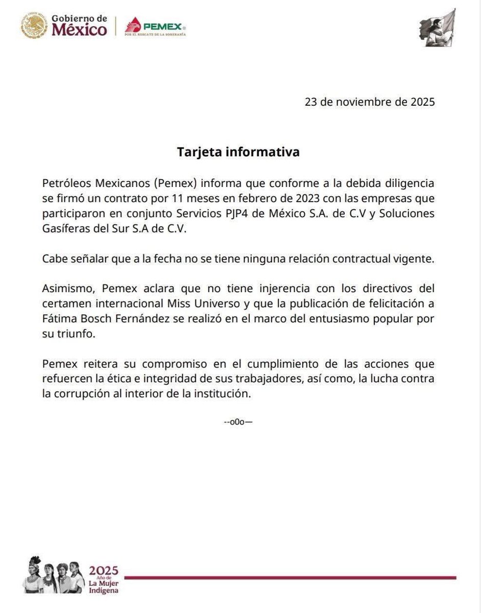 jorgegogdl's tweet image. Pemex pública un comunicado donde confirma la información que di a conocer sobre el contrato que firmó con Soluciones Gasiferas del Sur, propiedad de Raúl Rocua dueño del certamen Miss Universo. Aunque descarta tener ninguna ingerencia.