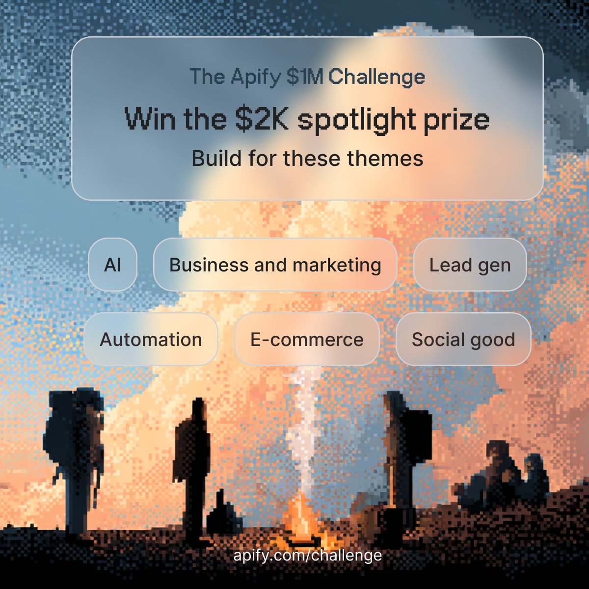 apify's tweet image. Many of you were asking about the weekly spotlight themes - here they are.

Quick tip: publish your Actor as soon as it’s ready. Early builds get more usage, feedback, and traction - and that’s what counts in the $2K spotlight rounds.

🌄 Ship early → apify.com/challenge