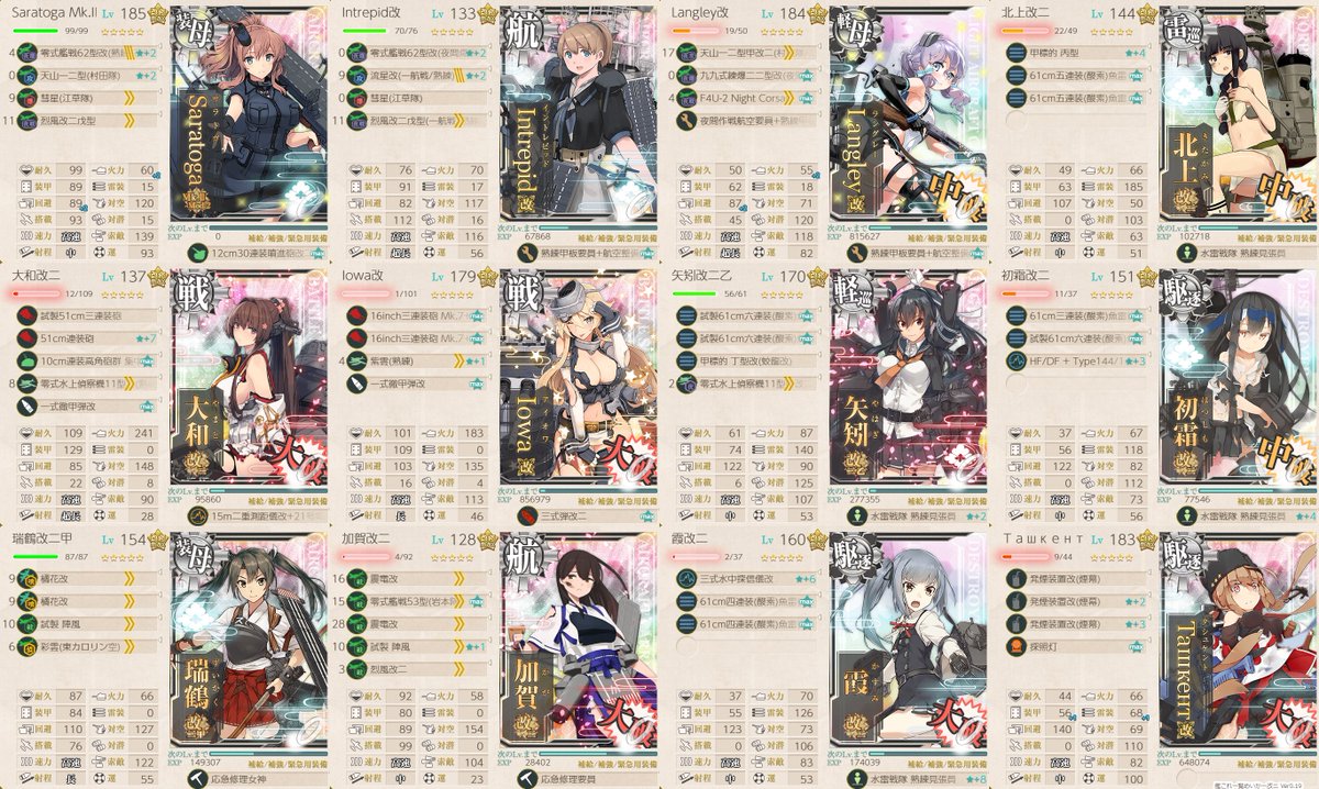 bakosute's tweet photo. E5-4甲クリア・。。・ｖ
友軍前にサラトガとラングレーのW旗艦編成で突破！
反航戦で第一を昼で落とせず庇う有り6隻開始から矢矧がスナイプ
米空母は特効装備と火力重視にし制空はXマスで確保かつボス戦で優勢取れるように基地も合わせて調整
ラングレーは道中やボス夜戦でも大ダメ出せたりと強かった https://t.co/xP1uiduhMO