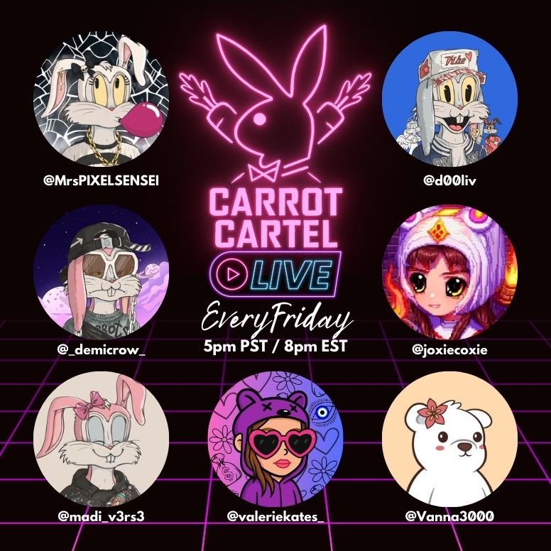 Carrot Cartel is an unapologetically wild, women-led Friday Space at 5pm PST / 8pm EST.

The ladies of <a href="/TheHopStarz/">HOP-STARZ 🐰 🦍</a> invite you to let loose. This space is a little naughty and always hilarious. Come for the belly laughs, unfiltered chaos, and stay for the real connections!