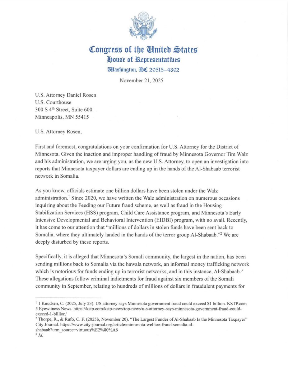 GOPMajorityWhip's tweet image. We are demanding answers.

U.S. Attorney Rosen has done an incredible job combating massive fraud in our state. 

We are confident that he will uncover the truth and hold terror-funding fraudsters—and those who enable them—accountable.