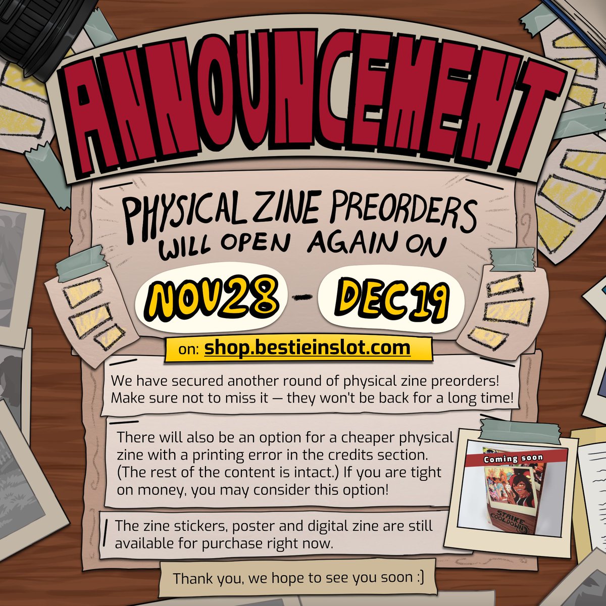 StrikeCooldown's tweet image. Physical Zine Preorders are coming back!

Missed the first sale? Grab a physical Zine from November 28th through December 19 -  They won't be back for a long time!