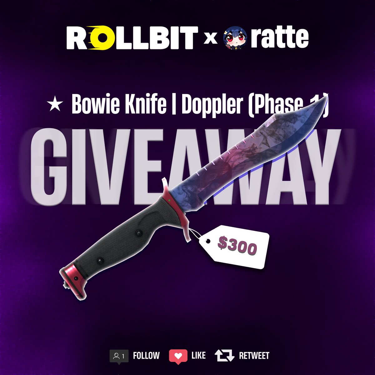 rattecs's tweet image. Doing a knife giveaway for you guys with @rollbit, the official sponsor of the Starladder Budapest Major and FaZe Clan 🔥

&amp;gt; Bowie Knife | Doppler Phase 1 (FN) &amp;lt;

How to enter: 
👉 Like and retweet
👉 Follow @rollbit &amp;amp; @rattecs

⏱ Winner will be drawn in a week, GL HF!
