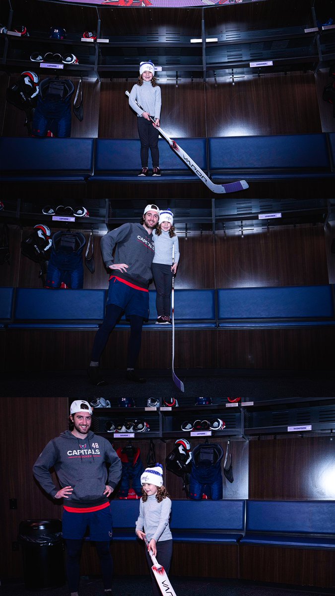 Capitals's tweet image. In celebration of completing her cancer treatment, Sutton toured the locker room alongside her buddy LT, including a selection from the candy stash, a signed stick and her very own #HockeyFightsCancer jersey.

We are all so proud of you, Sutton!

#CapsFightCancer x #SuttonStrong