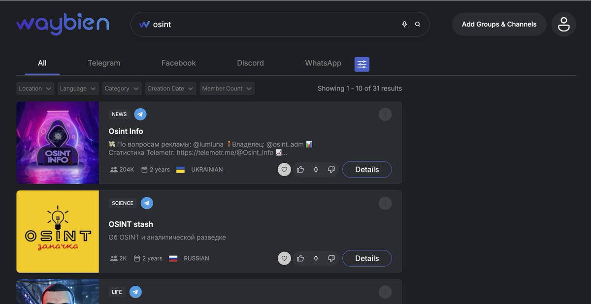 cyb_detective's tweet image. WayBien

Search groups and channels in Telegram, Facebook, Discord and WhatsApp.

Filter results by location, language, category, creation date and member count.

waybien.com

#osint #socmint