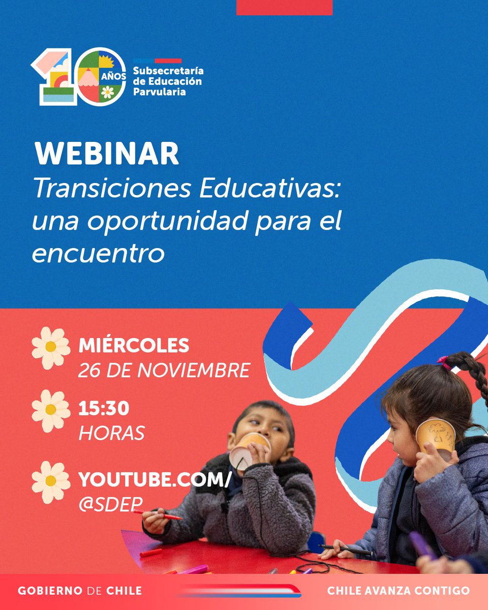 SubEducParv's tweet image. Invitamos a las comunidades educativas al webinar “Transiciones Educativas: una oportunidad para el encuentro”.
🗓 26 de noviembre
⏰ 15:30 hrs

youtube.com/live/yLMHedMax…

Un espacio para reflexionar sobre cómo acompañamos las transiciones de guaguas, niñas y niños.
¡Les esperamos!