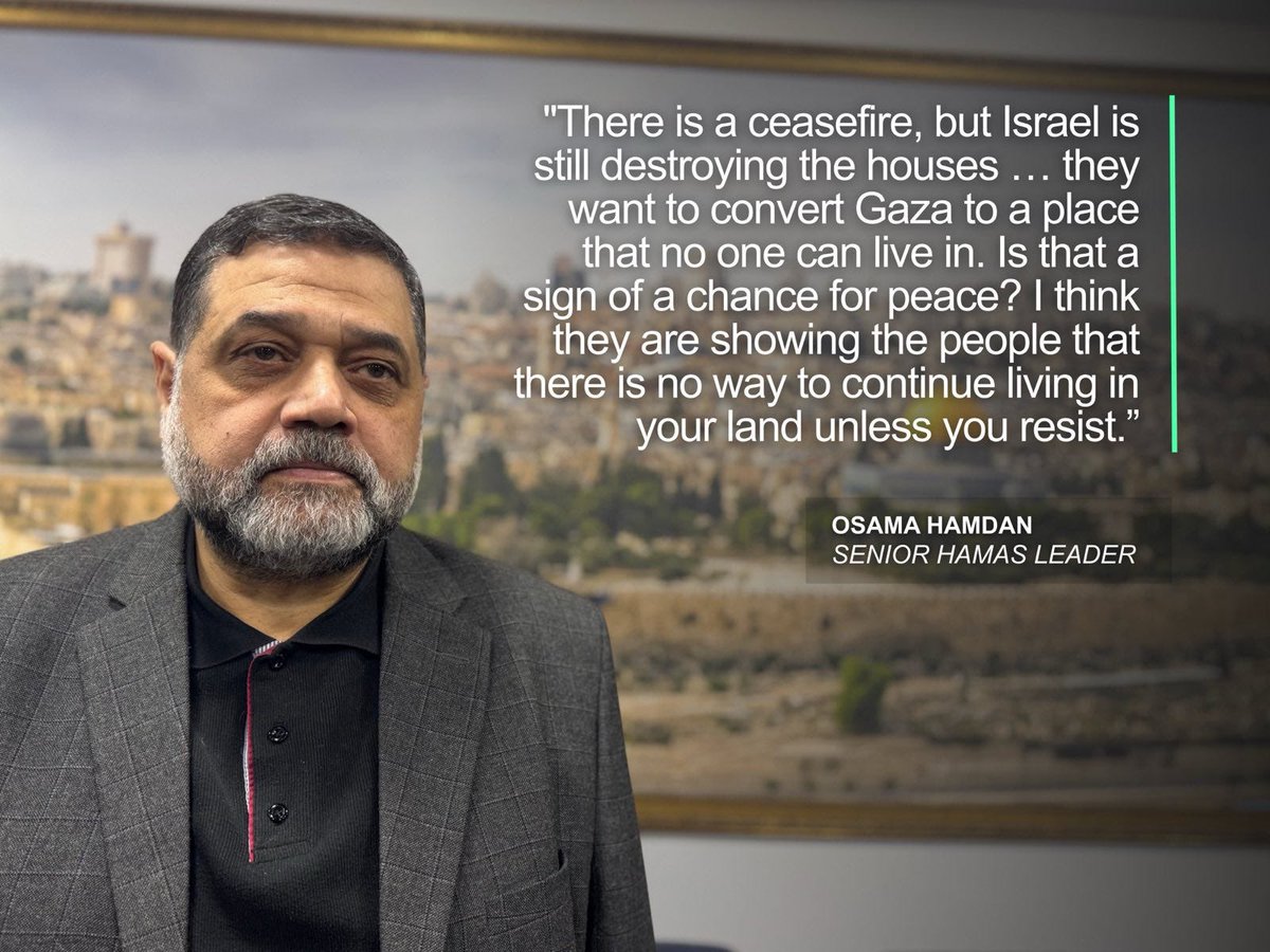 DropSiteNews's tweet image. ⚡️New: Senior Hamas leader Osama Hamdan told Drop Site that Trump’s claim—made after the fact—to have opposed Israel’s bombing of Qatar in September, amounts to theater.

“One hundred percent they knew it,” he said of U.S. knowledge of the Doha strikes.

 “I think there was a…