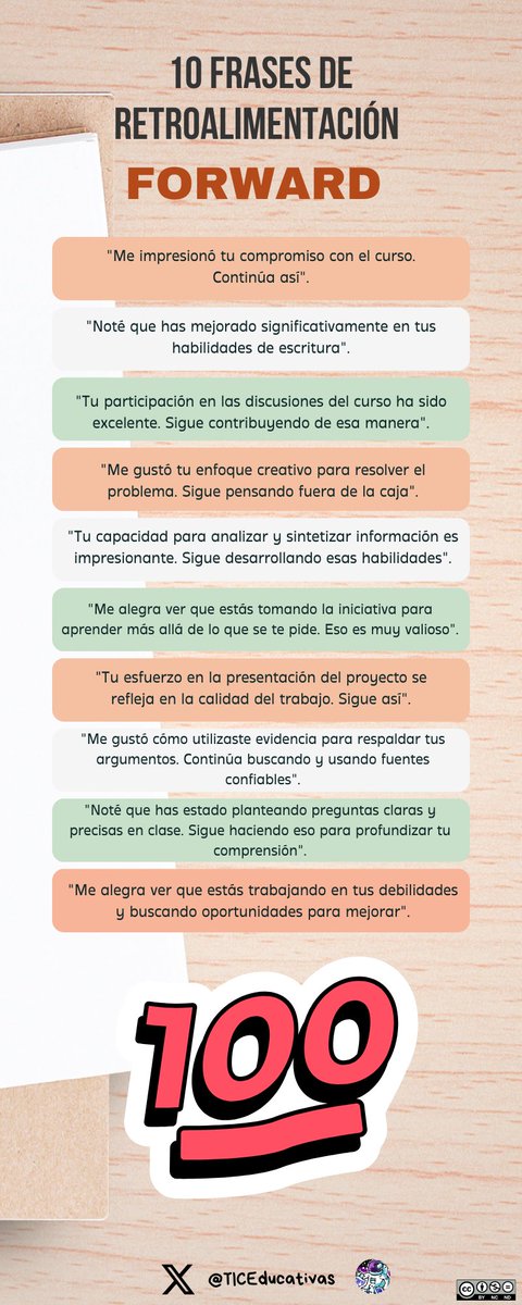 TicEducativas's tweet image. ¿Buscas elevar tu enseñanza? ✨ 

Cambia el &quot;feedback&quot; por &quot;feedforward&quot;! Enfócate en el crecimiento futuro de tus estudiantes. Frases como: &quot;Me impresionó tu compromiso. Continúa así&quot;, impulsan la mejora continua.

#Retroalimentación #Feedforward #Evaluación #Docentes #Educación