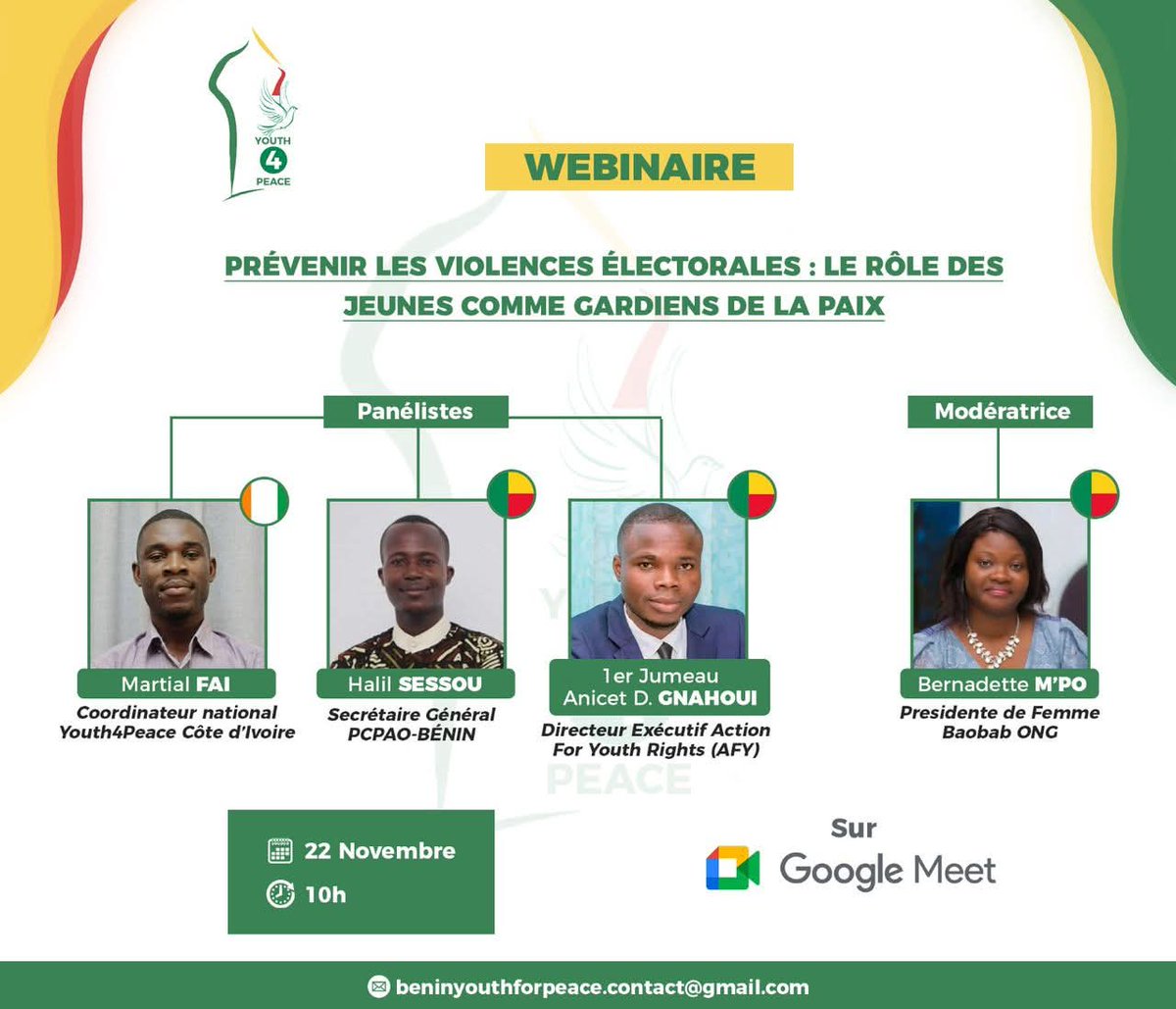 ActionForRights's tweet photo. Pour la 𝐏𝐫é𝐯𝐞𝐧𝐭𝐢𝐨𝐧 𝐝𝐞𝐬 𝐂𝐨𝐧𝐟𝐥𝐢𝐭𝐬 É𝐥𝐞𝐜𝐭𝐨𝐫𝐚𝐮𝐱 𝐚𝐮 𝐁é𝐧𝐢𝐧, nous étions sur le panel @youthForPeace pour fournir des outils aux organisations de jeunes afin de prévenir les conflits électoraux.
@PresidenceBenin
@_AfricanUnion @ecowas_cedeao
#élections https://t.co/dROiuKZZaO