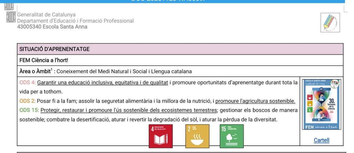 NeusGallartJosa's tweet image. Del 24-28 d novembre tot l&apos;alumnat d l&apos;@e_santaanna viurà i realitzà #experiments senzills per comprendre l&apos;#hortescolar com a un #ecosistema creat x les persones amb el q podem aplicar la #culturacientífica i alhora estimar-lo i tenir-ne cura des d&apos;una mirada #ODS.
@xarxaCb