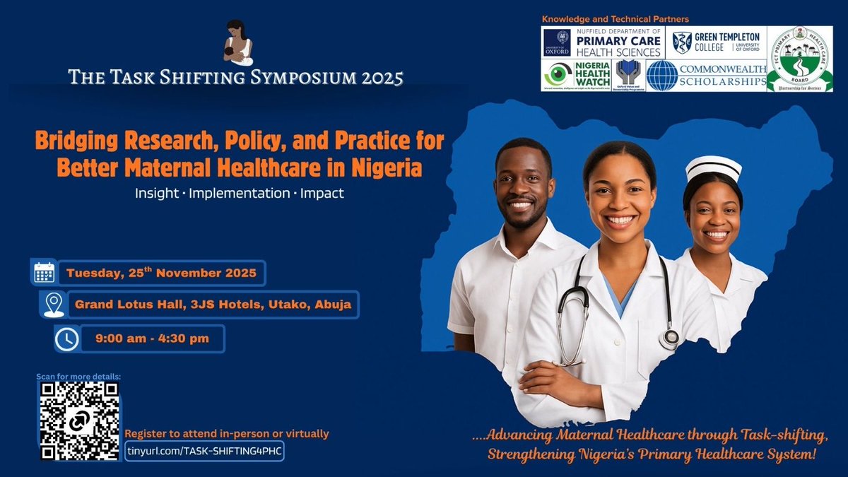 ayomohfi's tweet image. Only 2 days to go until the Task-Shifting Symposium 2025! Join the conversation on strengthening maternal health services through task-shifting in Nigeria’s PHC system.

Register to attend in person or virtually:
🔗 tinyurl.com/TASK-SHIFTING4…

#TaskShifting #MaternalHealth #PHC