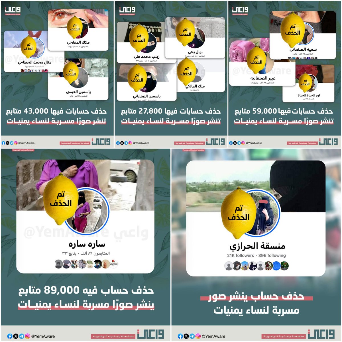 ✅ تصحيح
حصيلة حملة الليمون خلال اليومين الماضيين ضد الحسابات المُخِلّة التي تُسرِّب صور اليمنيّات:
🍋 حذف ١٢ حساباً.
🍋 مجموع متابعيها نحو ٢٤٠,٠٠٠ متابع.