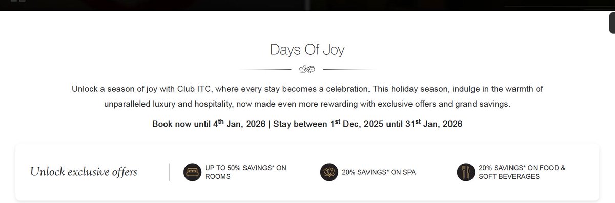 BachatXpert's tweet image. #DaysOfJoy @ upto 50% off with Club #ITC is extended... 

Incase u missed the same in last couple of weeks, good news is that its there till 4th Jan for bookings till 31st Jan.

🎉U may still look to rebook ur flexible bookings if u get lower fares.

Offer Details :  Book by Jan…