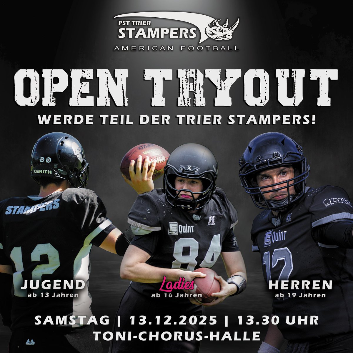 TrierStampers's tweet photo. Offenes Probetraining der Stampers am 13.12.2025

Dabei sein, mitmachen und Spaß haben. 
Mehr Infos auf trier-football de

#Football #americanfootball #probetraining #tryout #trier #afvd #stampers #trierstampers https://t.co/e6WZA8mlVZ