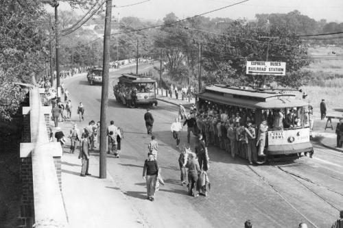 Trolleys in New Haven on Yale-Harvard Game Day, circa 1940