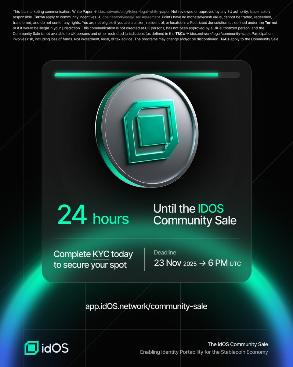 x0Korkut's tweet image. ⏳ The @idOS_network  Community Sale is almost here  less than a day left!

Make sure your KYC is finished so you don’t miss your chance:

👉 app.idOS.network/community-sale
#idOS #idOS_network