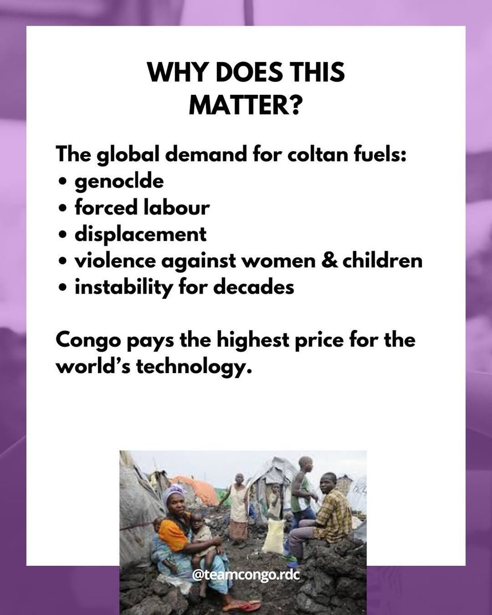 🧵 “Coltan powers the world - but at what cost?

From smartphones to electric cars, satellites and game consoles, modern technology depends on coltan.
And yet, the people of Congo - who hold the world’s largest reserves - continue to pay the highest price through genoc|de,