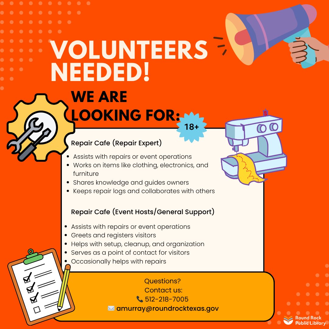 🌟 Join the Round Rock Repair Café Team! 🌟
We’re seeking (18+):
🔧 Repair Experts to fix clothing, electronics, bikes, appliances &amp; more.
🎉 Event Hosts to greet visitors, assist with setup/cleanup, &amp; keep things running.
📎 More info &amp; apply: ow.ly/SQCG50XoVVW
#MYRRPL