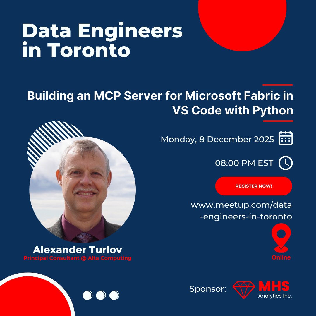 olafusimichael's tweet image. If you use Fabric and VS Code separately, then you don&apos;t want to miss our December webinar: Building an MCP Server for Microsoft Fabric in VS Code with Python by Alexander Turlov

Register now at meetup.com/data-engineers…

#Fabric #VSCode #MCP #Python #Microsoft