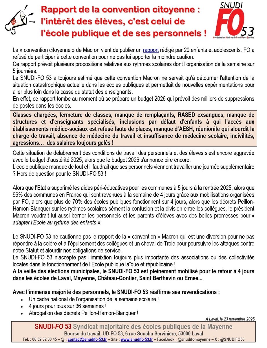 #conventioncitoyenne #Macron
🚨 Réaction du #snudifo #Mayenne ⤵️