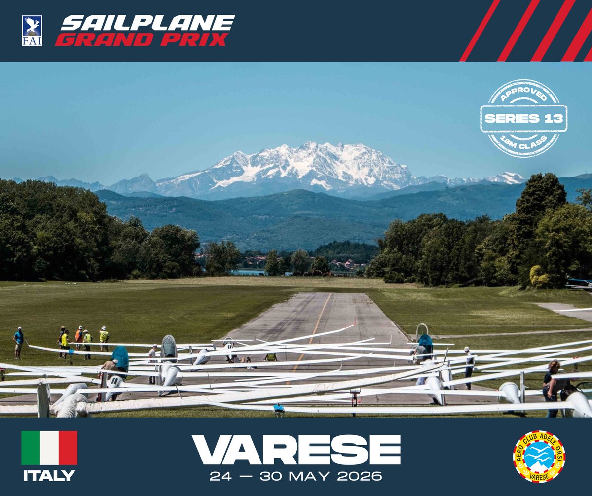faisgp's tweet image. 🏁 SERIES 13: STOP #1 REVEALED 🏁

We start the season on legendary Varese, Italy! 🇮🇹 24–30 May 2026

This is Varese&apos;s 8th SGP &amp;amp; where Maximilien Seis claimed his first World Title in 2015🥇

Next venue revealed tomorrow... 🚀

#SGP #SailplaneGrandPrix #Series13 #Varese #Racing