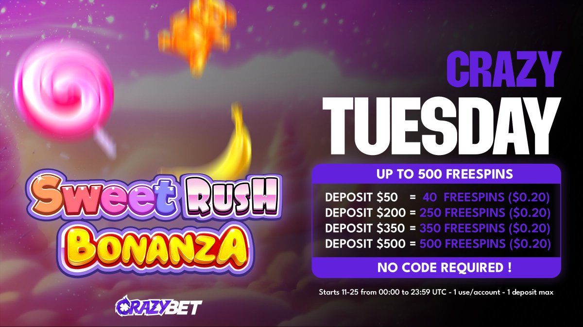 ⚡🍭 CRAZY TUESDAY IS LIVE! 🍭⚡

Get your deposit bonus NOW on Sweet Rush Bonanza 🍓💥

🎰 Up to 500 Free Spins on Sweet Rush Bonanza
💥 Deposit &amp; wager once - spins auto-credit instantly
⏰ 24 hours only

🎁 50 FS GIVEAWAY:

Follow, ❤️ + 🔃 + drop your CrazyBet username in the