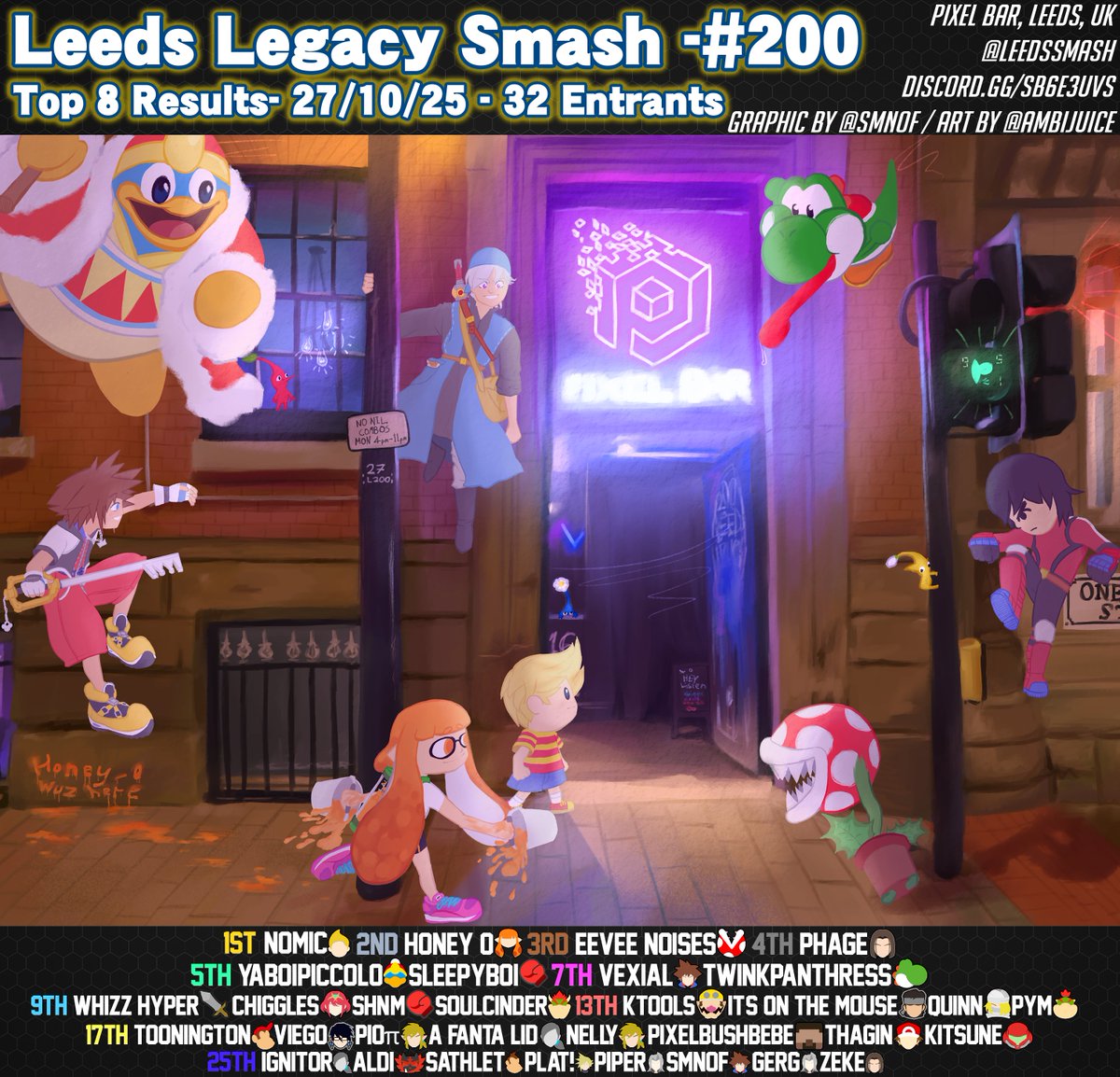 Congratulations to Nomic for his win at Leeds Legacy Smash #200! Thank You to everyone that came!
We hope you all had fun at Leeds Legacy and continue to support us with Platform Camp.
Thank you to our very own <a href="/ambiJuice/">ambiguous</a> for working so hard on this graphic!