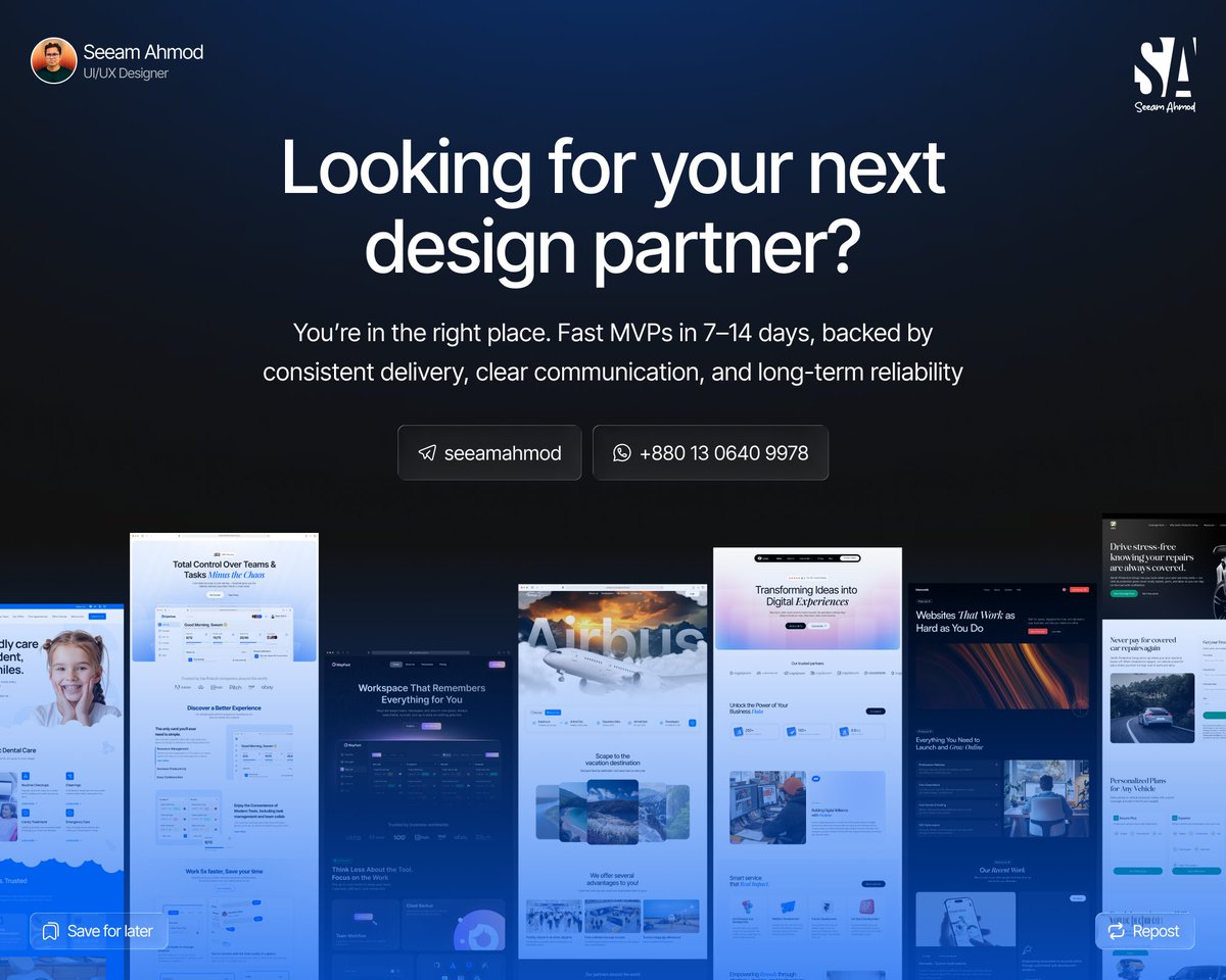 seeam_ahmod's tweet image. 🚀Looking for your next design partner?
You’re in the right place. Fast MVPs in 7–14 days, backed by consistent delivery, clear communication, and long-term reliability!

Telegram: seeamahmod
WhatsApp: +880 13 0640 9978

#uidesigner #mvpdesign #uiuxdesigner #productdesigner