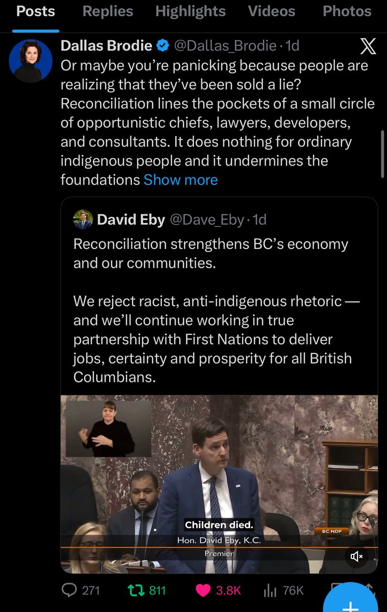 KEriksenV2's tweet image. NDP Premier, David Eby
282K Views - 276 Likes and comments turned off.

OneBC Leader, Dallas Brodie 
76K Views - 3.8K Likes and comments left on.