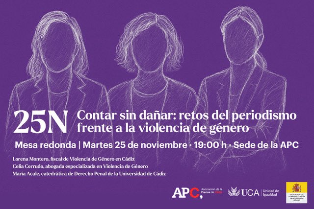 Este martes #25N, Día Internacional de la Eliminación de la Violencia contra la Mujer, organizamos la mesa redonda “Contar sin dañar: retos del periodismo frente a la violencia de género”. 
📍Martes 25 de noviembre a las 19h en la sede de la APC. 
ℹ️ prensacadiz.org/contar-sin-dan…