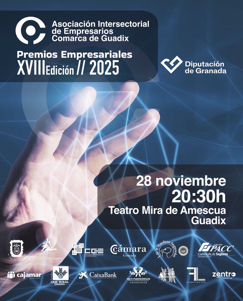 Un año más colaboramos con la Asociación Intersectorial de Empresarios/as de la #ComarcadeGuadix.
Acompáñanos a celebrar la Gala de la XVIII Edición Premios Empresariales 2025.
28 de noviembre,
20:30h Teatro Mira de Amescua
Reservas: 958-669118 en gerencia@empresariosguadix.com