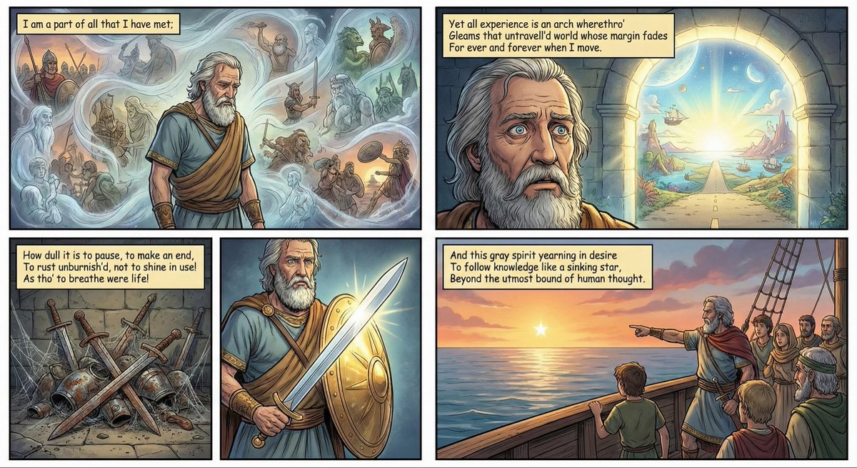 emollick's tweet image. The new Nano Banana Pro makes all of Tennyson’s Ulysses into a comic on the first try when given the poem broken into four pieces.

Eight months have passed since the quoted example.