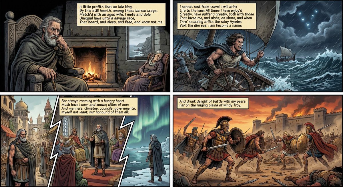 emollick's tweet image. The new Nano Banana Pro makes all of Tennyson’s Ulysses into a comic on the first try when given the poem broken into four pieces.

Eight months have passed since the quoted example.